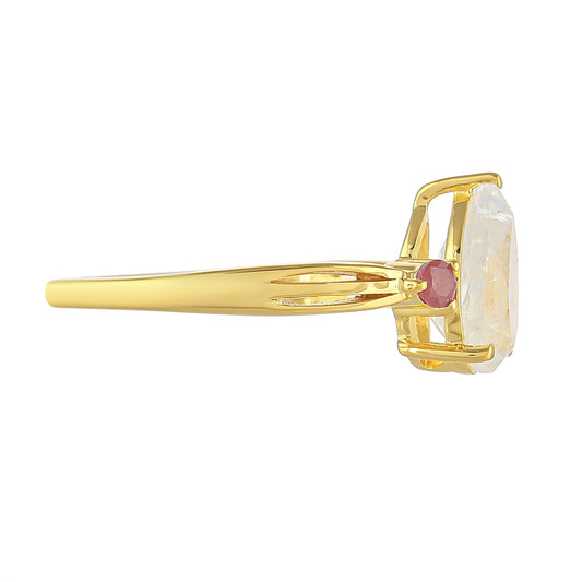 Anillo de Plata Bañada en Oro con Piedra Lunar Arco Iris y Rubí de Tailandia