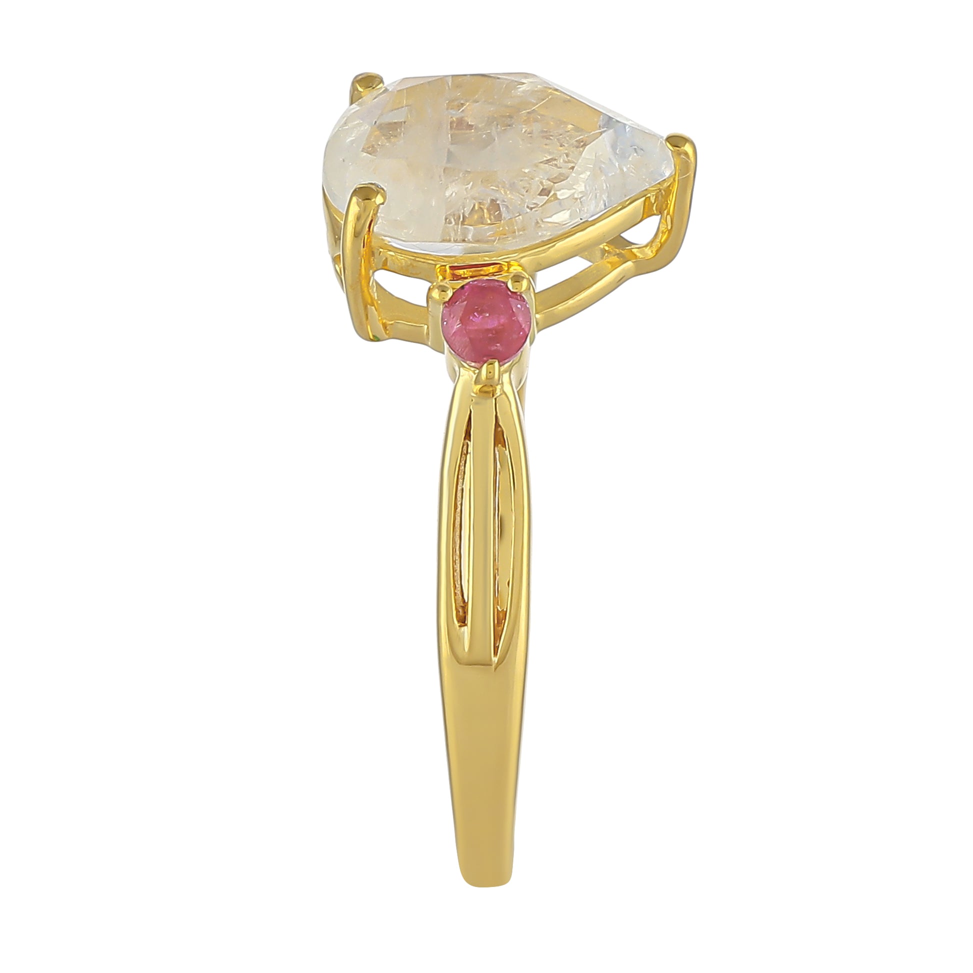 Anillo de Plata Bañada en Oro con Piedra Lunar Arco Iris y Rubí de Tailandia 3 