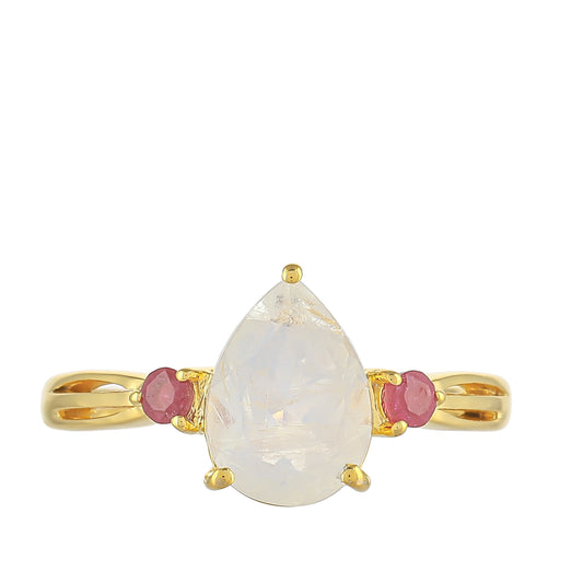 Anillo de Plata Bañada en Oro con Piedra Lunar Arco Iris y Rubí de Tailandia