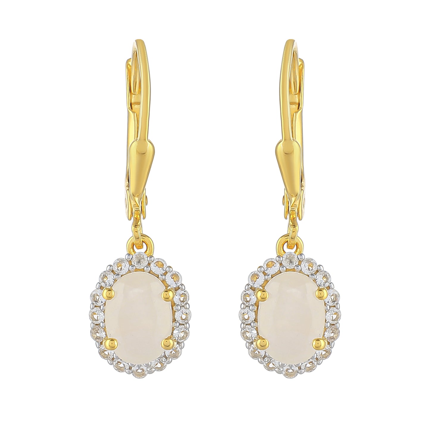 Pendientes de Plata Bañada en Oro con Piedra Lunar Arco Iris y Topacio Blanco