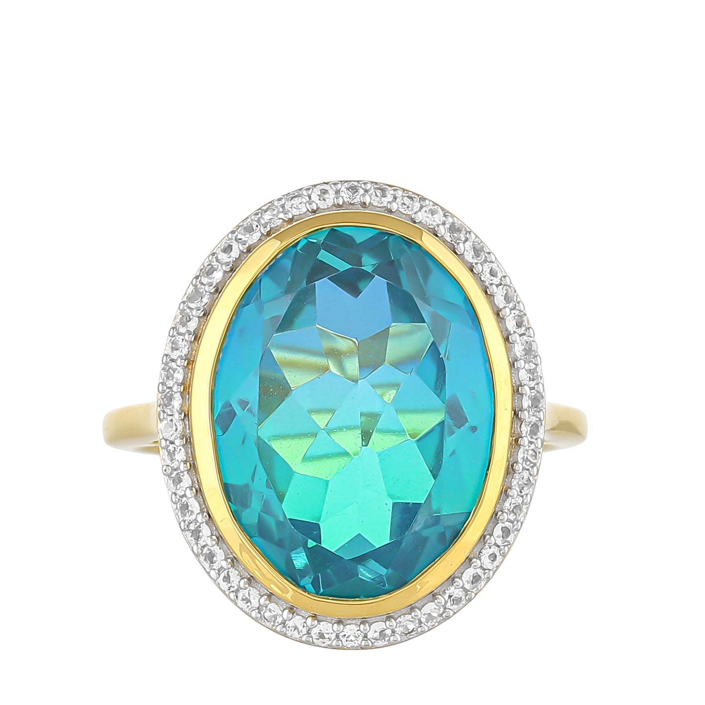 Anillo de Plata Bañada en Oro con Cuarzo Pavo Real y Topacio Blanco