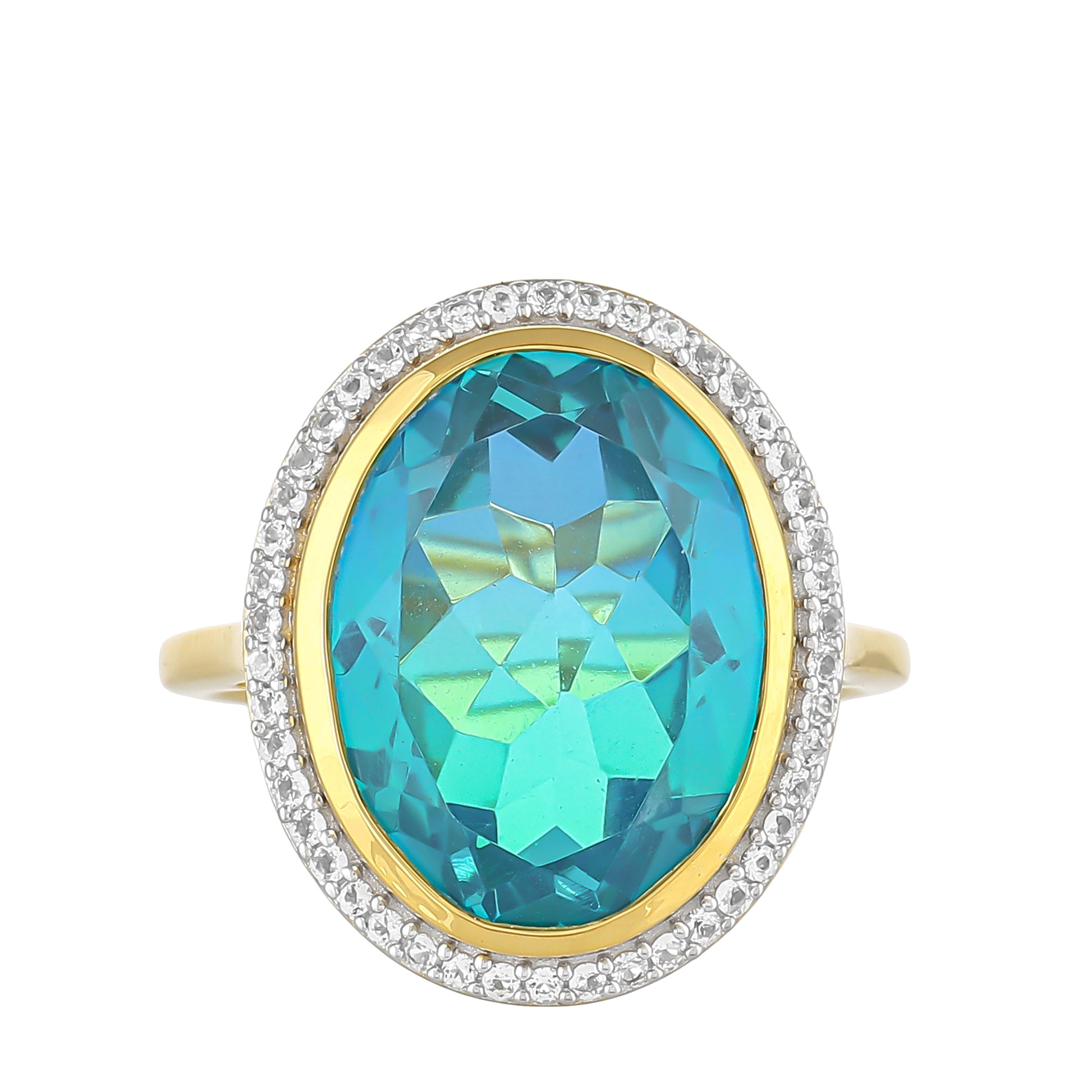 Anillo de Plata Bañada en Oro con Cuarzo Pavo Real y Topacio Blanco 1 