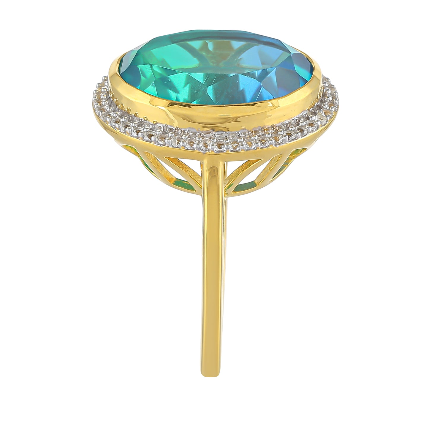 Anillo de Plata Bañada en Oro con Cuarzo Pavo Real y Topacio Blanco