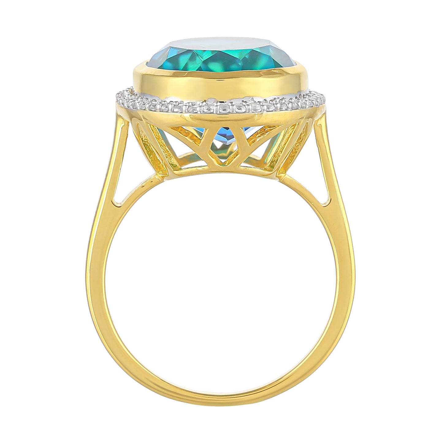 Anillo de Plata Bañada en Oro con Cuarzo Pavo Real y Topacio Blanco