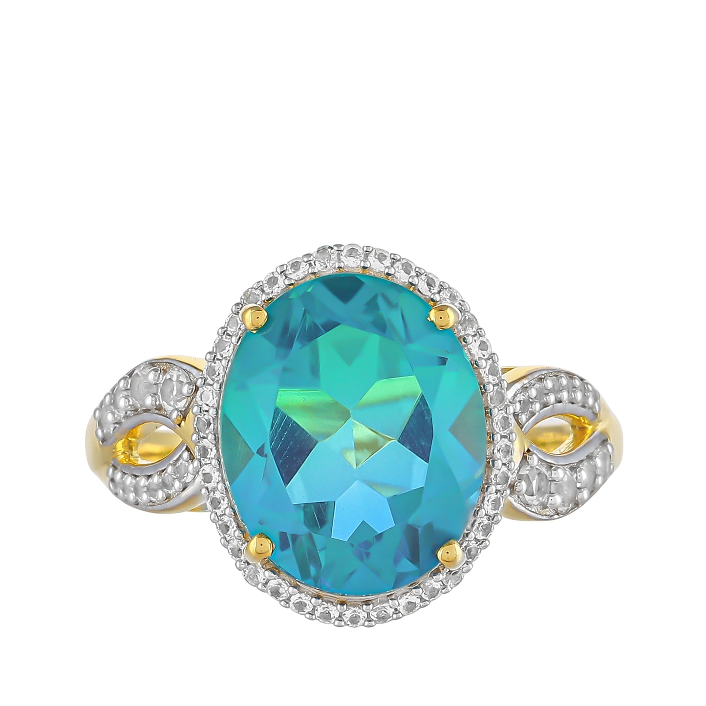 Anillo de Plata Bañada en Oro con Cuarzo Pavo Real y Topacio Blanco