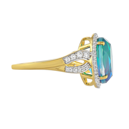 Anillo de Plata Bañada en Oro con Cuarzo Pavo Real y Topacio Blanco
