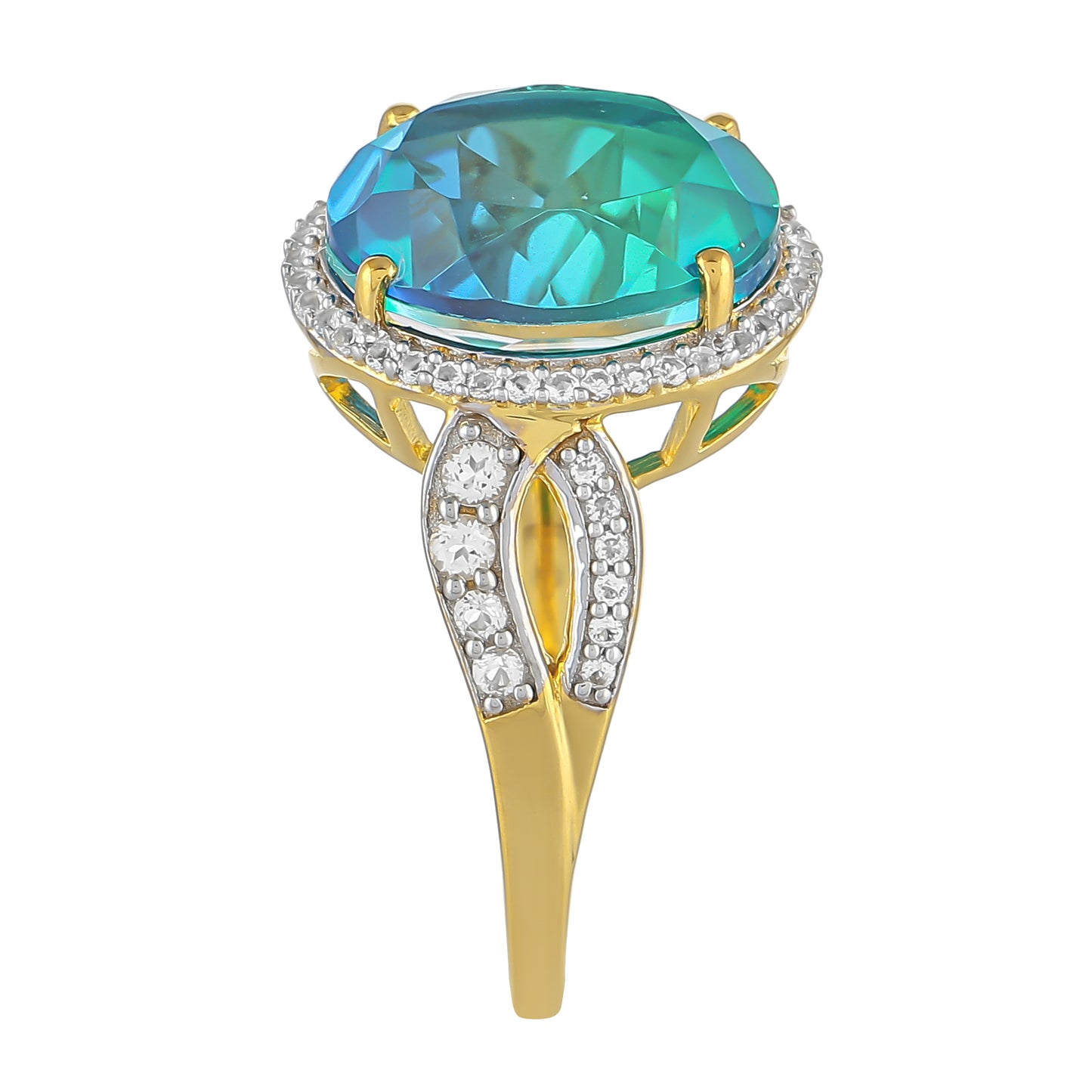 Anillo de Plata Bañada en Oro con Cuarzo Pavo Real y Topacio Blanco