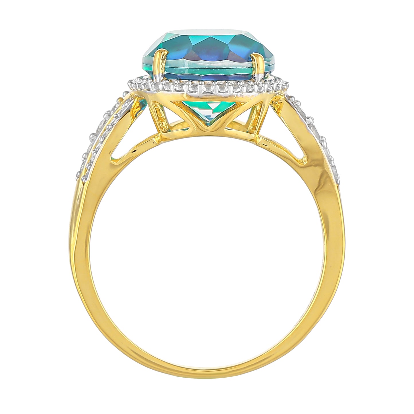 Anillo de Plata Bañada en Oro con Cuarzo Pavo Real y Topacio Blanco