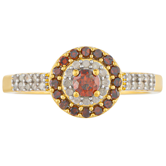 Anillo de Plata Bañada en Oro con Diamante Rojo y Diamante blanco