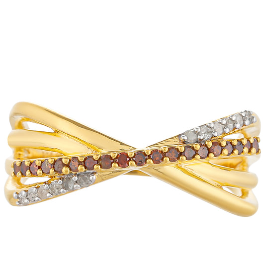 Anillo de Plata Bañada en Oro con Diamante Rojo y Diamante blanco