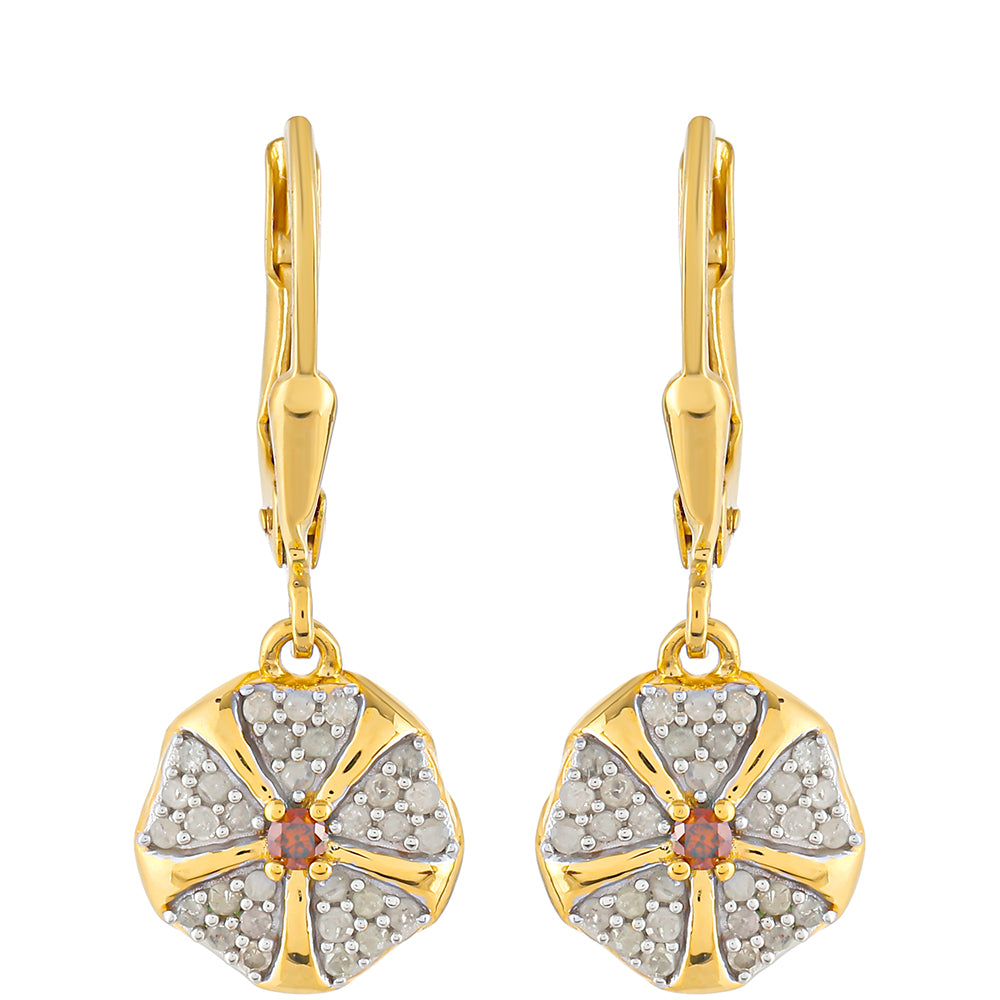 Pendientes de Plata Bañada en Oro con Diamante Rojo y Diamante blanco