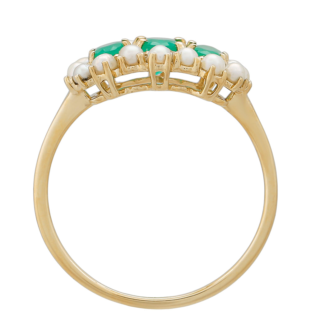 Anillo de Oro 9K con Esmeralda de Brasil y Perla blanca de agua dulce