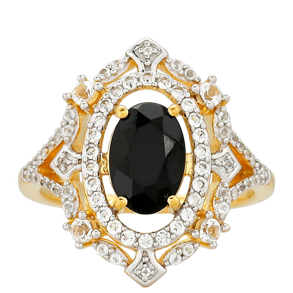 Anillo de Plata Bañada en Oro con Turmalina Negra y Topacio Blanco 1 