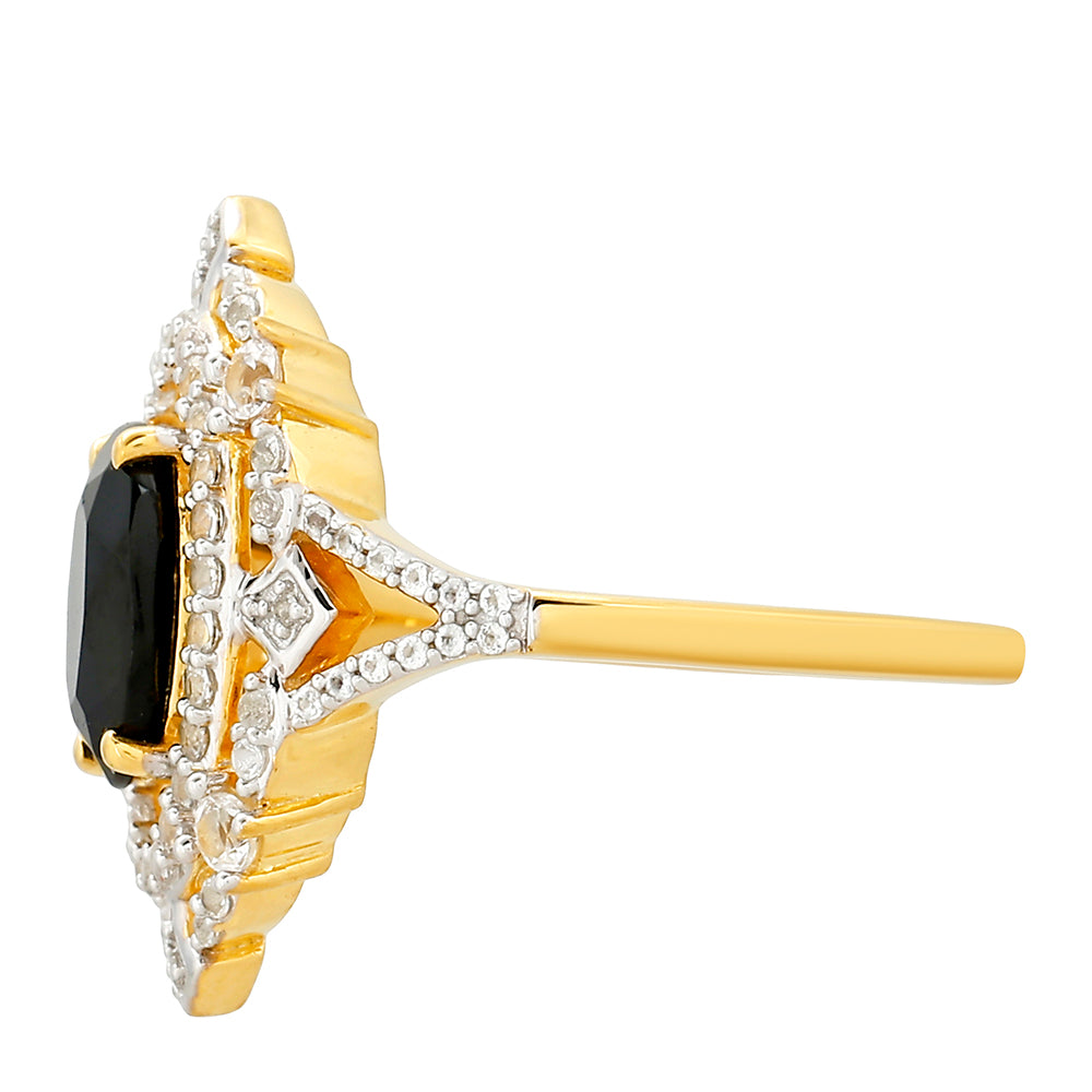Anillo de Plata Bañada en Oro con Turmalina Negra y Topacio Blanco 2 