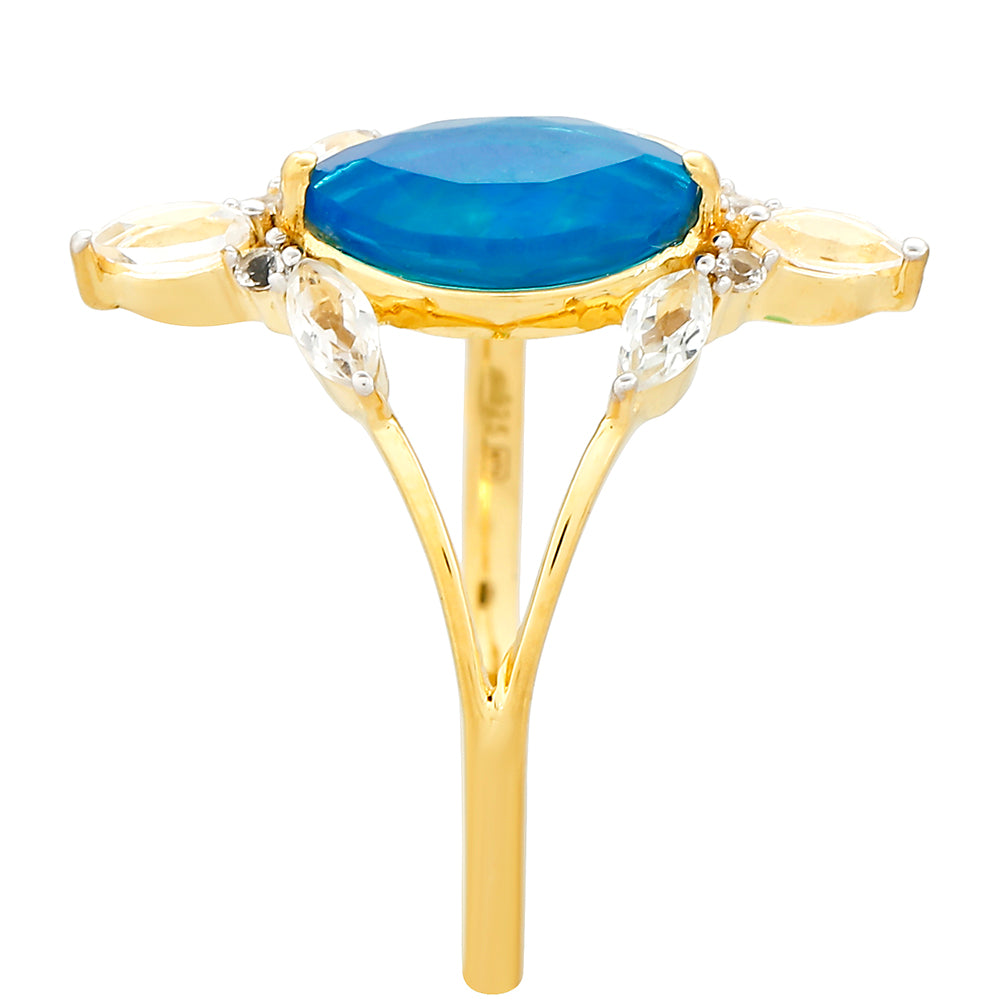 Anillo de Plata Bañada en Oro con Ópalo Azul Paraiba de Etiopía y Topacio Blanco 3 