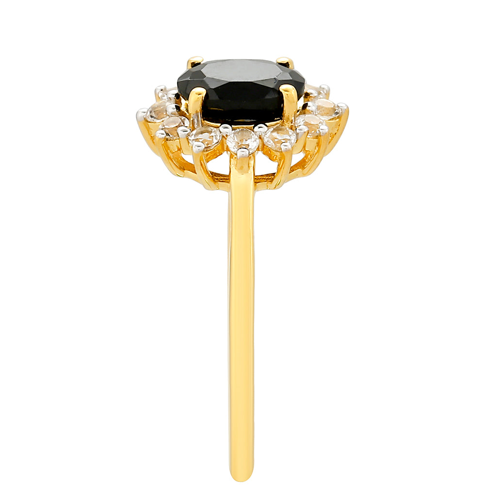 Anillo de Plata Bañada en Oro con Turmalina Negra y Topacio Blanco