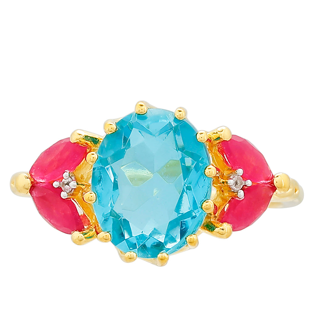 Anillo de Plata Bañada en Oro con Cuarzo Paraiba y Cuarzo Rojo 1 