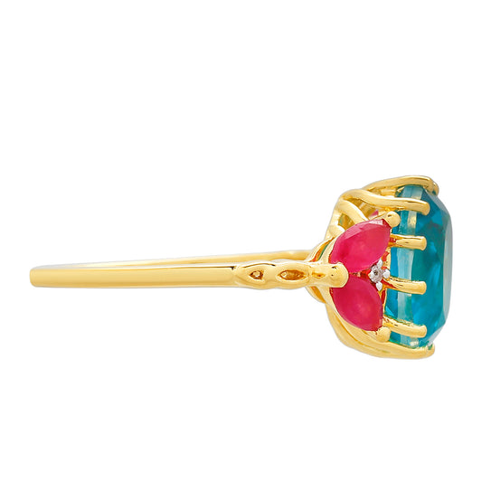 Anillo de Plata Bañada en Oro con Cuarzo Paraiba y Cuarzo Rojo
