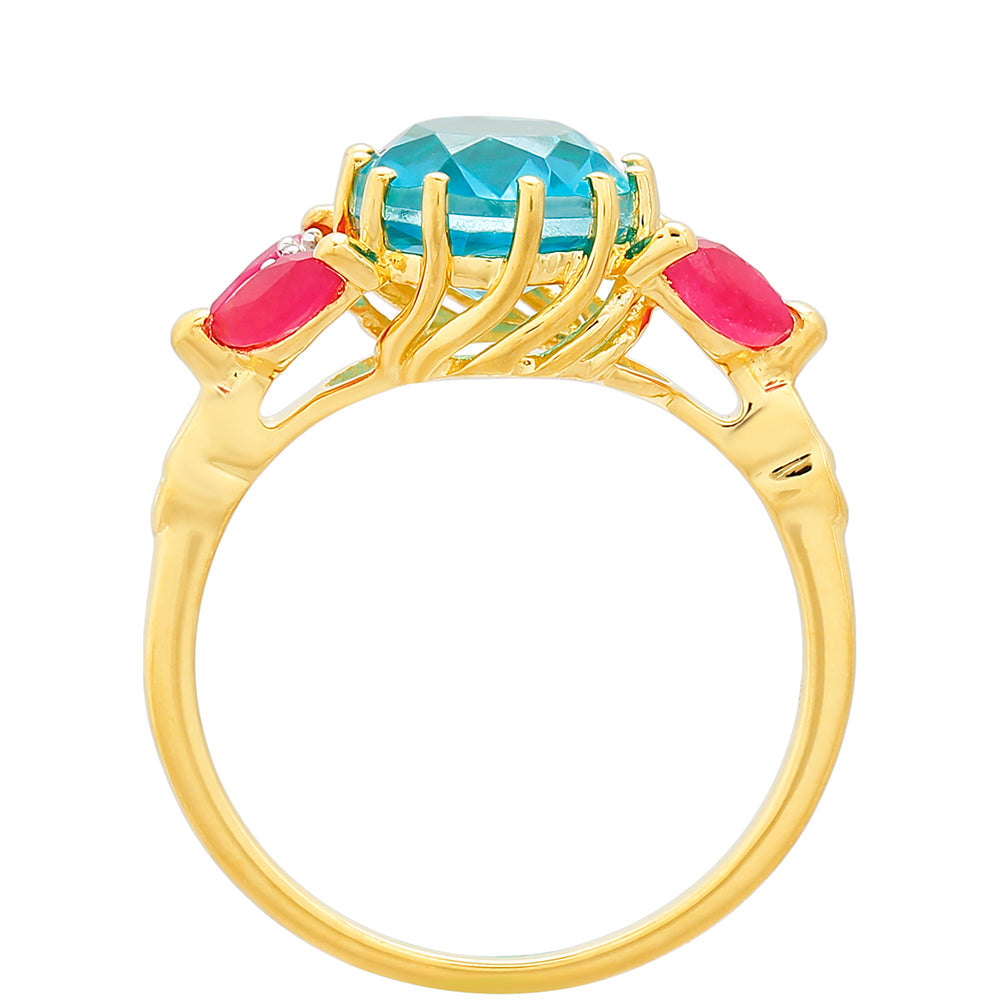 Anillo de Plata Bañada en Oro con Cuarzo Paraiba y Cuarzo Rojo 4 