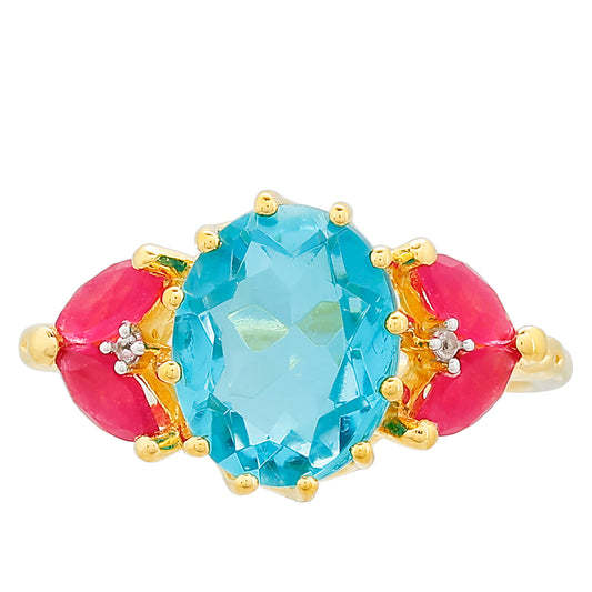 Anillo de Plata Bañada en Oro con Cuarzo Paraiba y Cuarzo Rojo