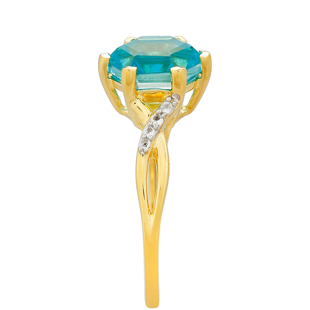 Anillo de Plata Bañada en Oro con Cuarzo Paraiba y Topacio Blanco 3 