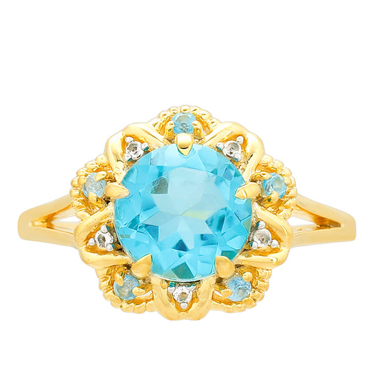 Anillo de Plata Bañada en Oro con Cuarzo Paraiba y Topacio Azul Libertad
