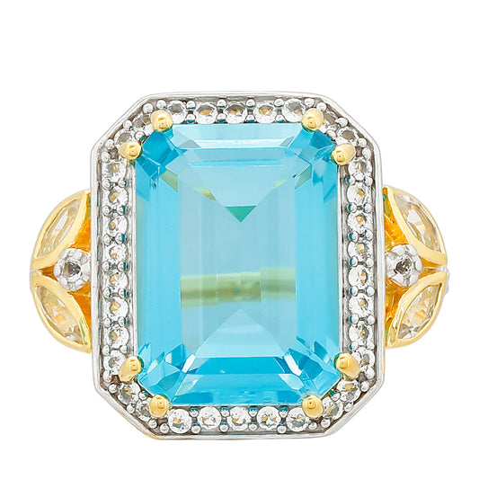 Anillo de Plata Bañada en Oro con Cuarzo Paraiba y Topacio Blanco