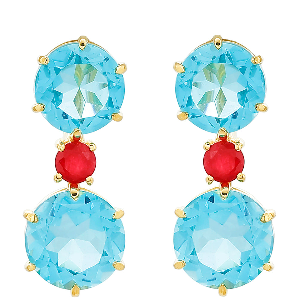 Pendientes de Plata Bañada en Oro con Cuarzo Paraiba y Cuarzo Rojo 1 