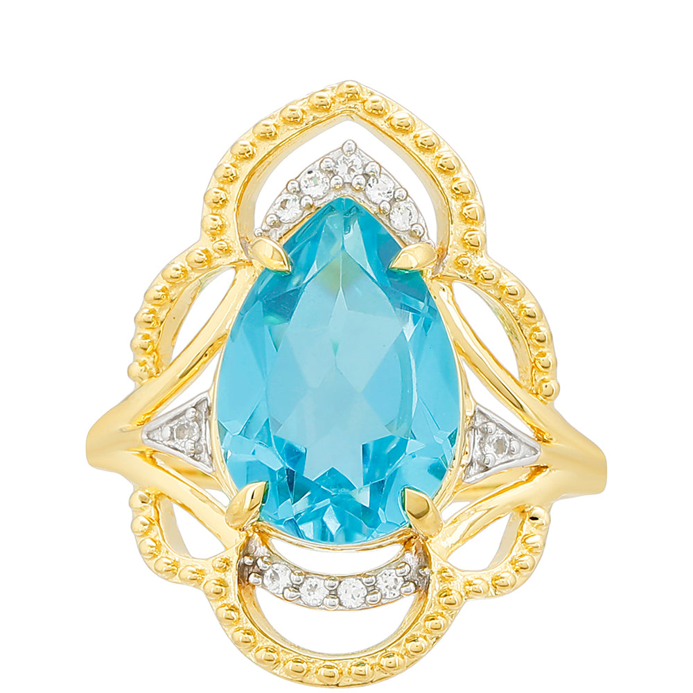 Anillo de Plata Bañada en Oro con Cuarzo Paraiba y Topacio Blanco 1 