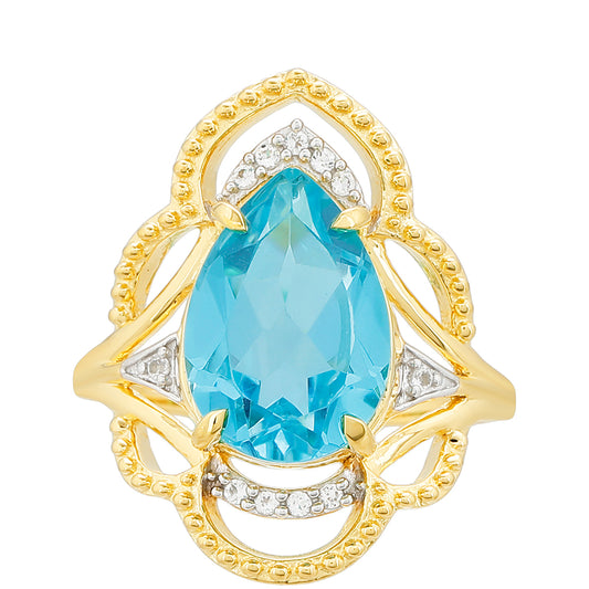 Anillo de Plata Bañada en Oro con Cuarzo Paraiba y Topacio Blanco