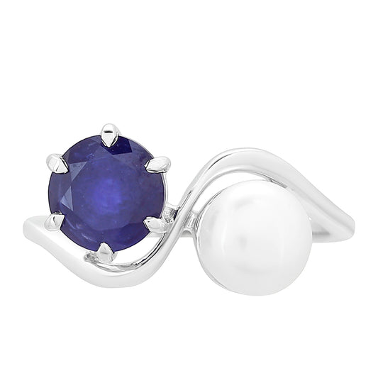Anillo de Plata con Zafiro de Tailandia y Perla blanca de agua dulce