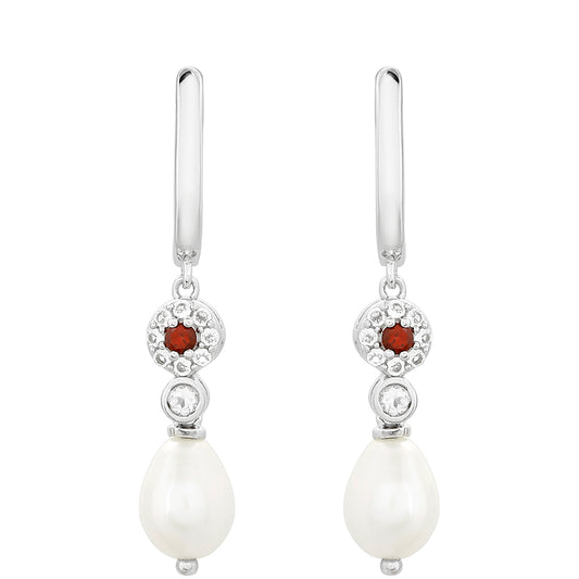 Pendientes de Plata con Granate y Perla blanca de agua dulce