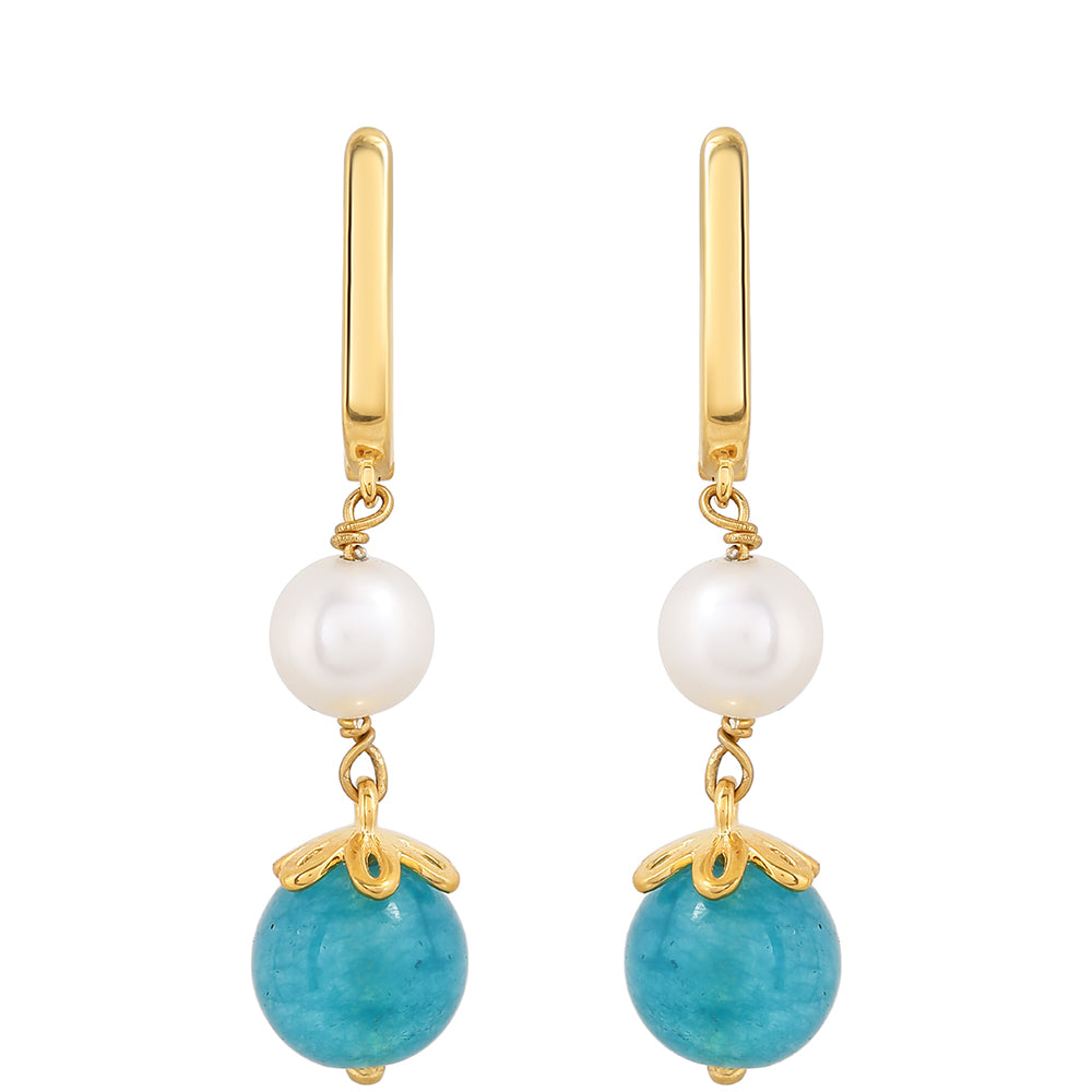 Pendientes de Plata Bañada en Oro con Cuarzo Paraiba y Perla blanca de agua dulce 1 