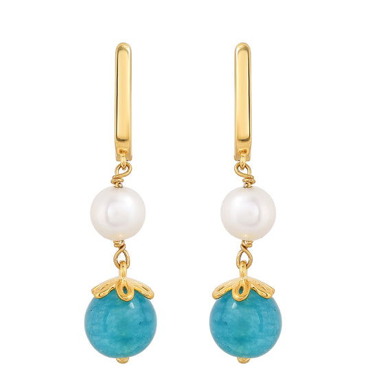 Pendientes de Plata Bañada en Oro con Cuarzo Paraiba y Perla blanca de agua dulce