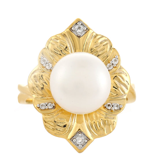 Anillo de Plata Bañada en Oro con Perla Barroca Cultivada de Agua Dulce y Topacio Blanco