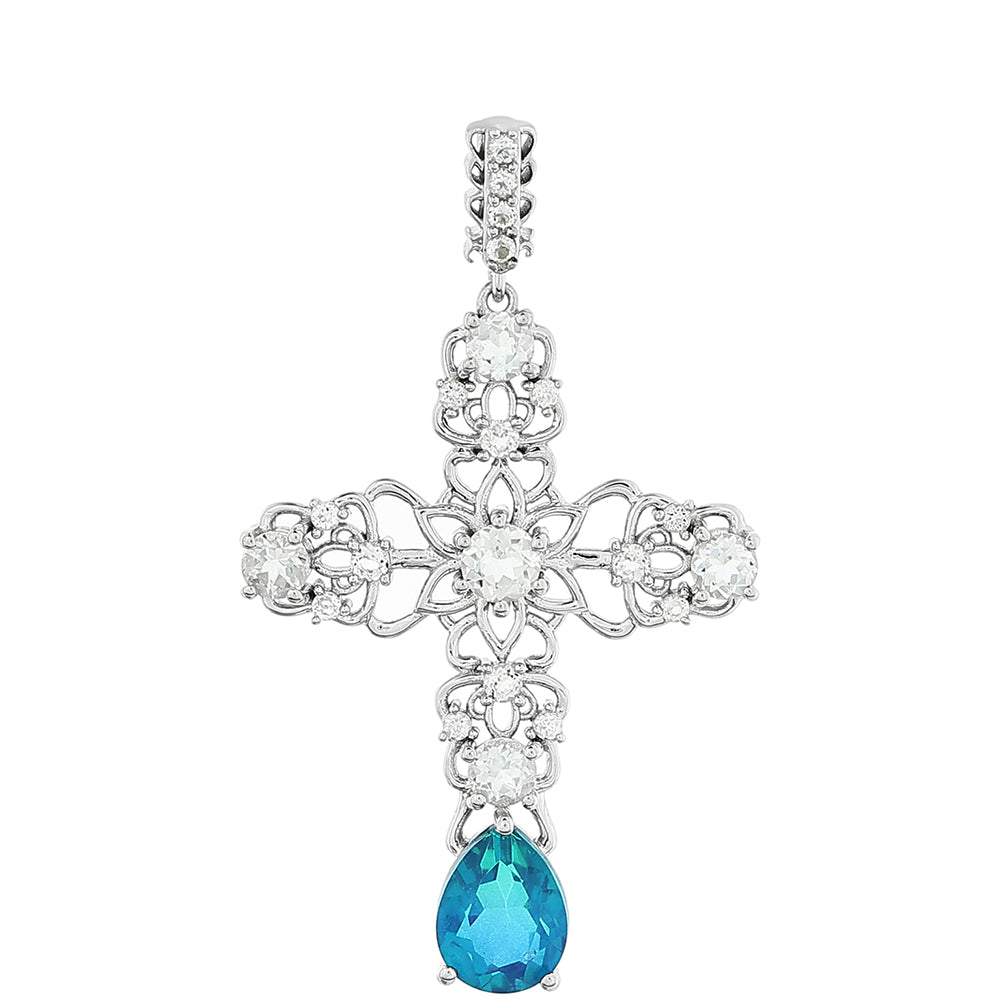 Cruz Colgante de Plata con Cuarzo Pavo Real y Topacio Blanco 1 