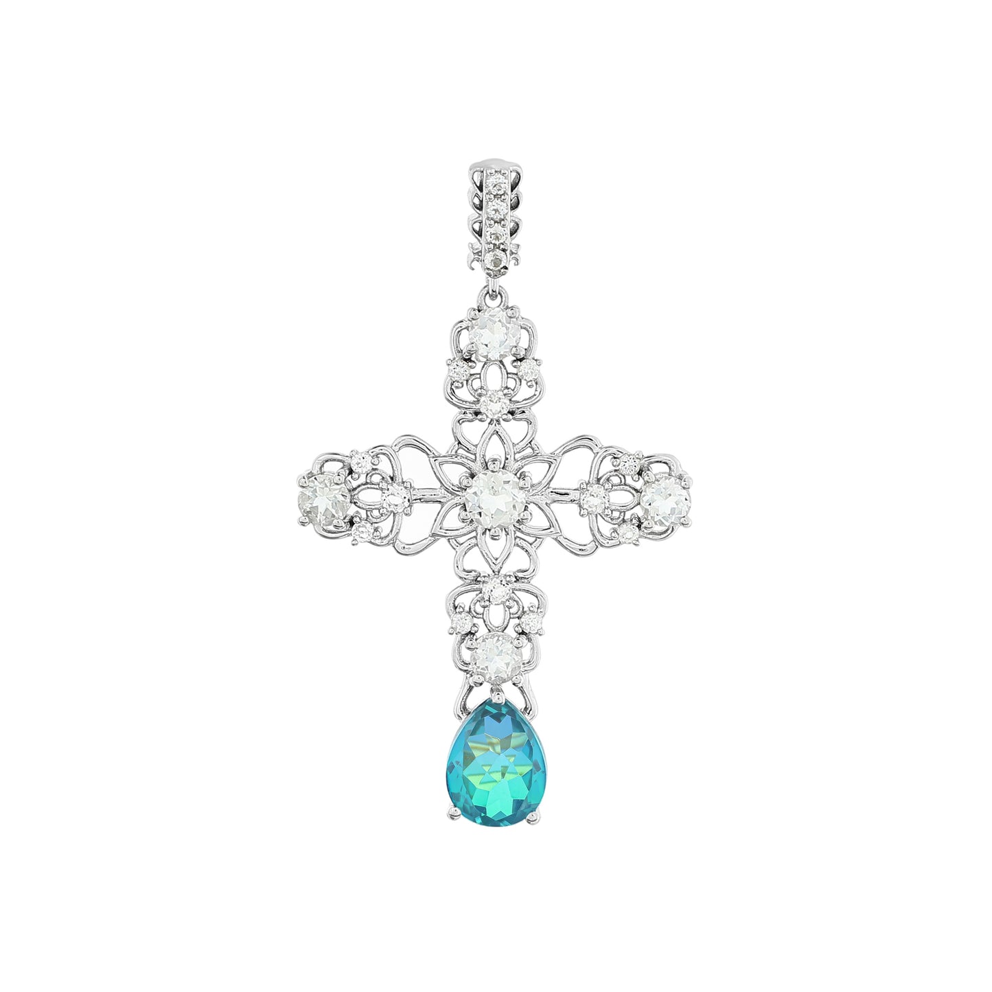 Cruz Colgante de Plata con Cuarzo Pavo Real y Topacio Blanco