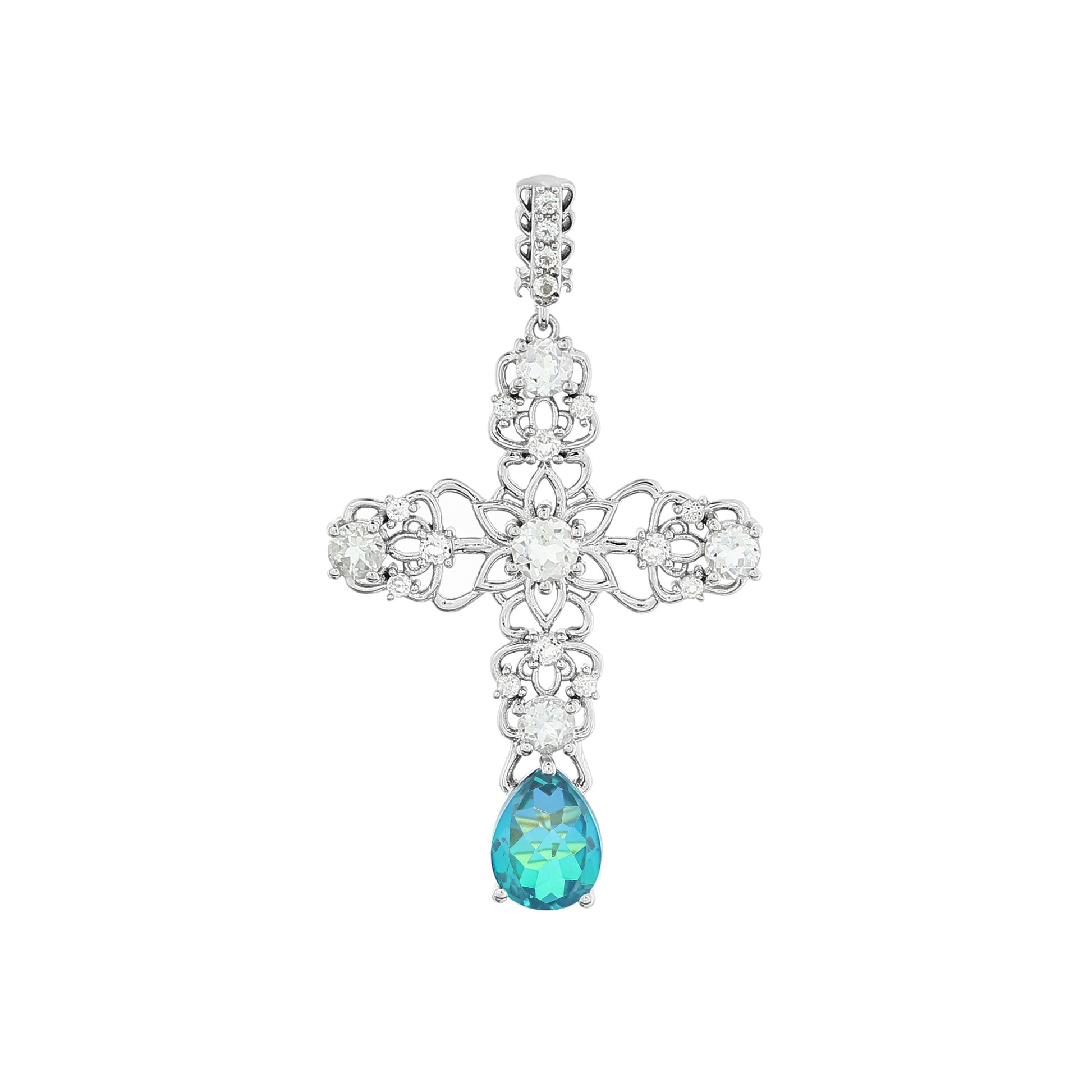 Cruz Colgante de Plata con Cuarzo Pavo Real y Topacio Blanco 4 