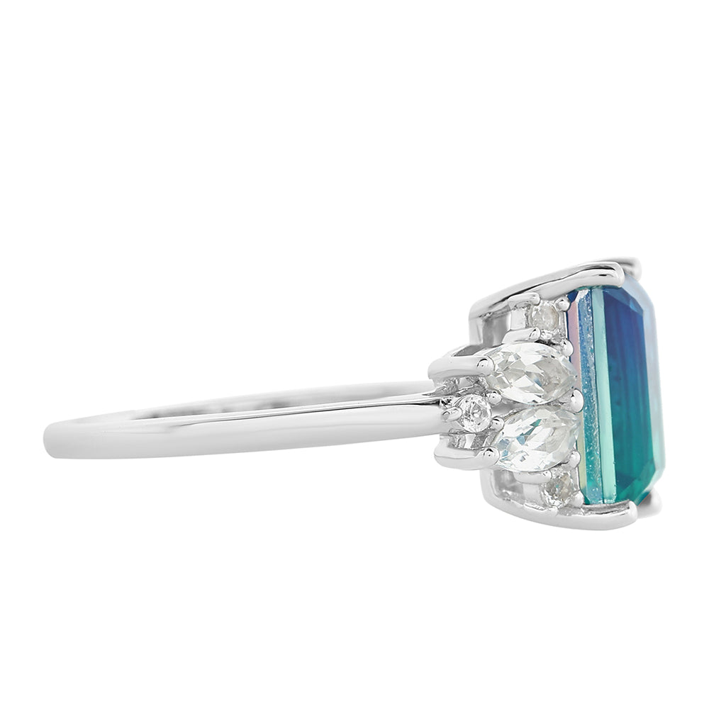 Anillo de Plata con Cuarzo Pavo Real y Topacio Blanco