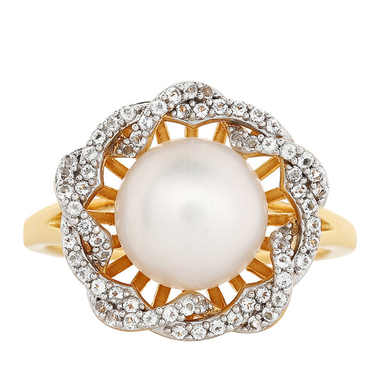 Anillo de Plata Bañada en Oro con Perla Barroca Cultivada de Agua Dulce y Topacio Blanco
