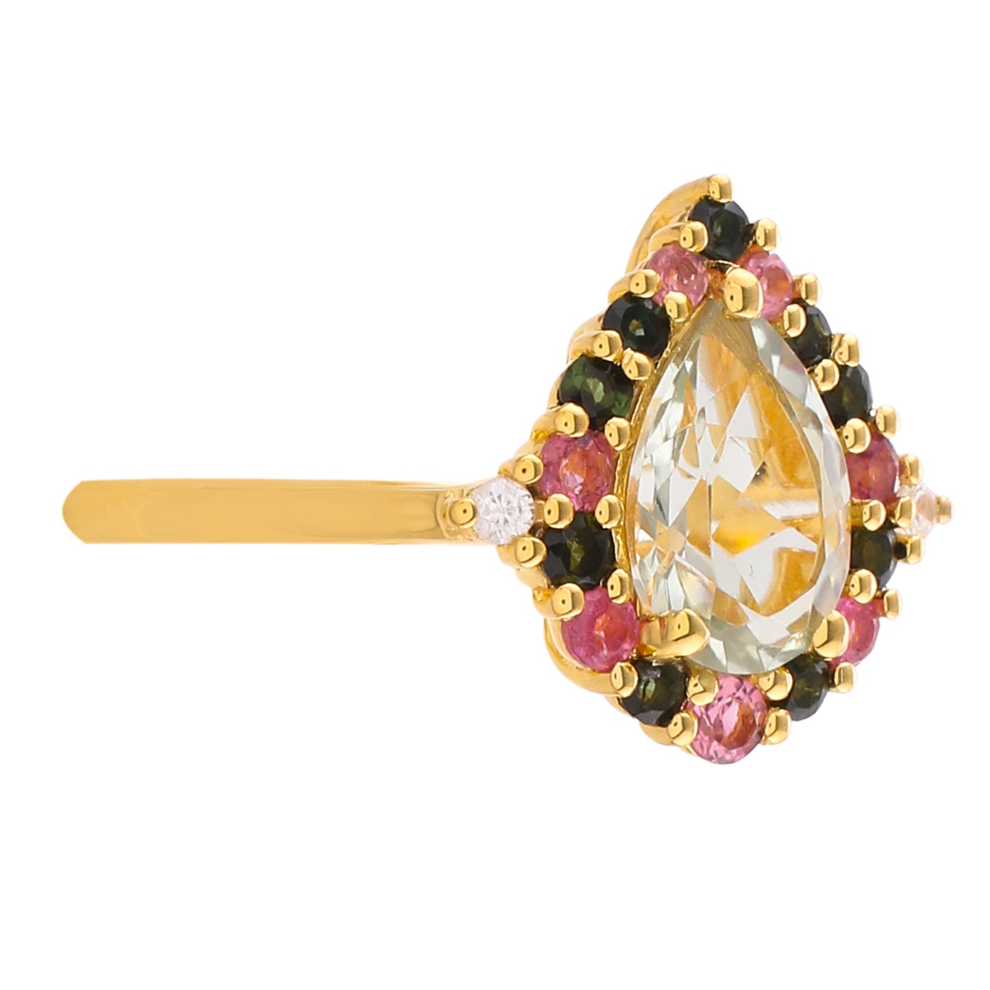 Anillo de Plata Bañada en Oro con Amatista Verde y Turmalina Rosa