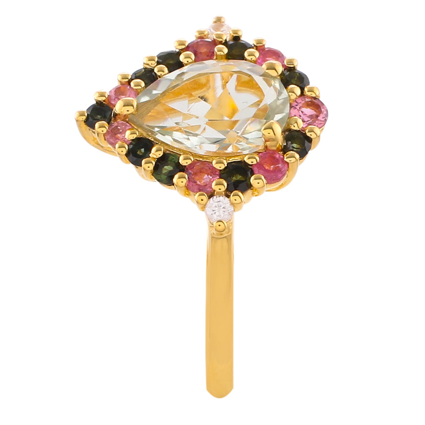 Anillo de Plata Bañada en Oro con Amatista Verde y Turmalina Rosa