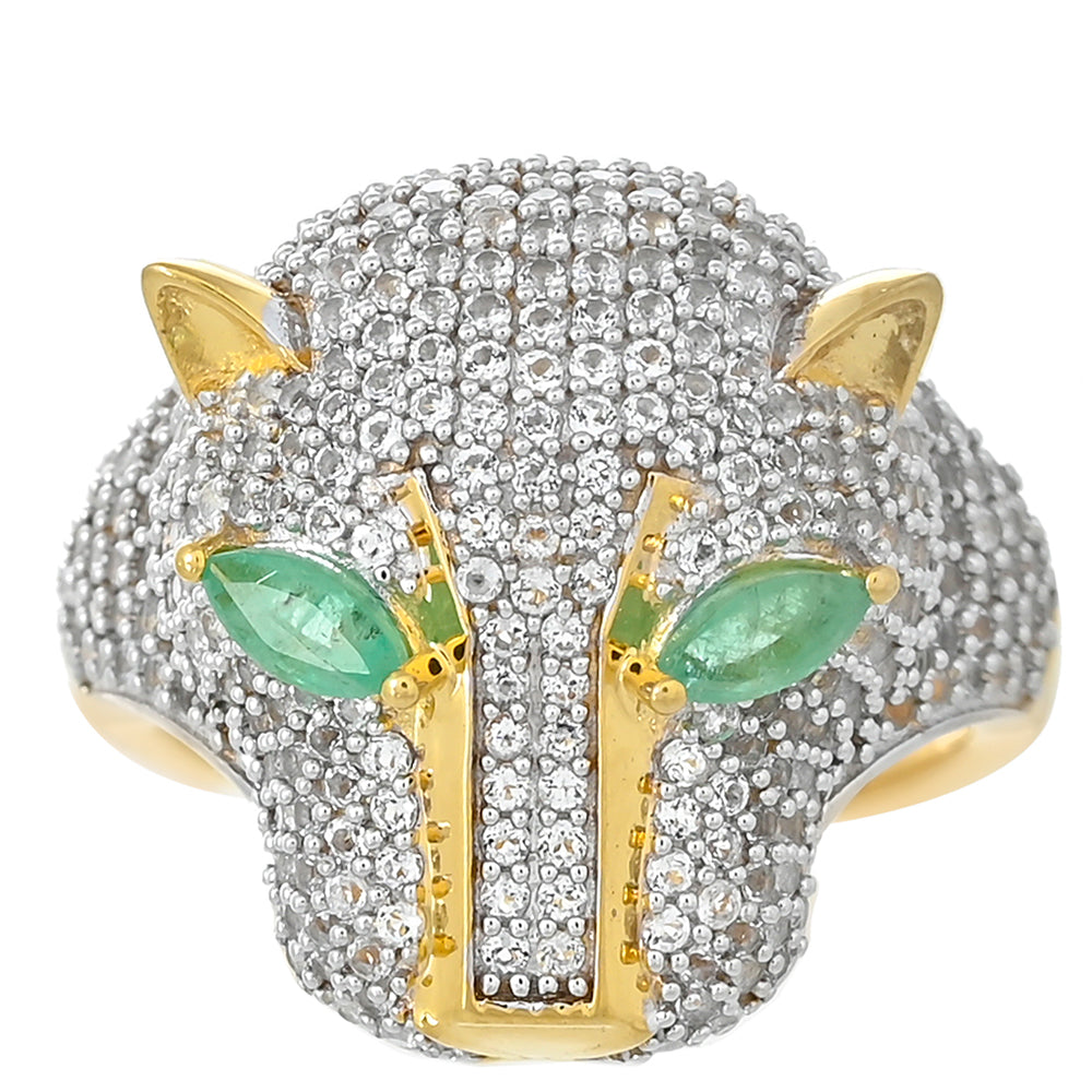 Anillo de Plata Bañada en Oro con Esmeralda de Brasil y Topacio Blanco 1 