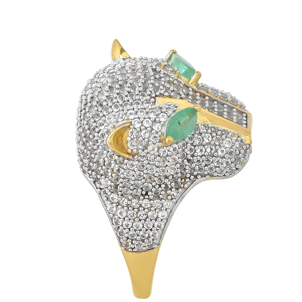 Anillo de Plata Bañada en Oro con Esmeralda de Brasil y Topacio Blanco 3 