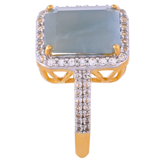 Anillo de Plata Bañada en Oro con Aguamarina y Topacio Blanco