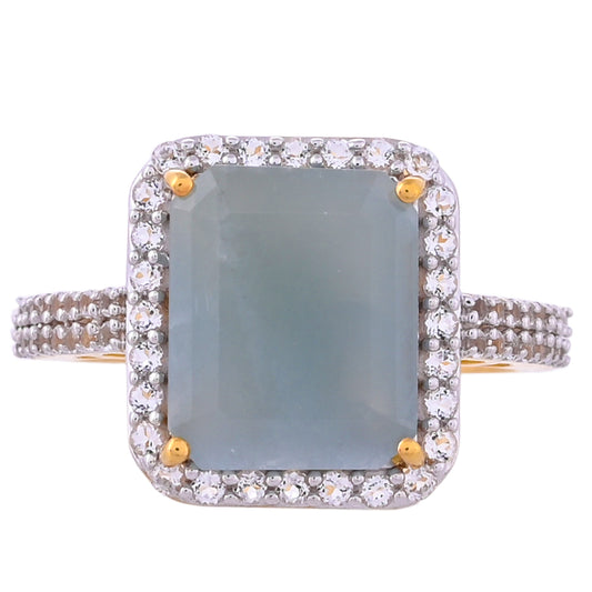 Anillo de Plata Bañada en Oro con Aguamarina y Topacio Blanco