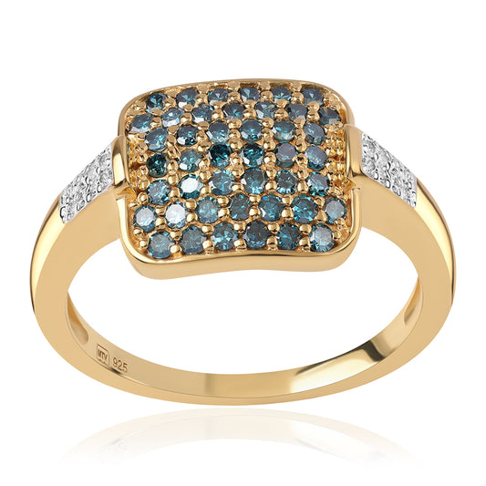 Anillo de Plata Bañada en Oro con Diamante Azul y Diamante blanco
