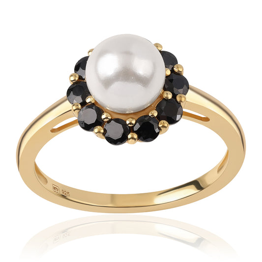 Anillo de Plata Bañada en Oro con Espinela Negra y Perla blanca de agua dulce