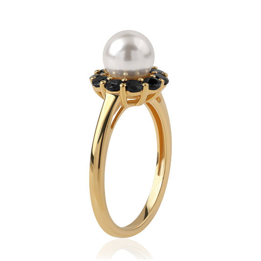 Anillo de Plata Bañada en Oro con Espinela Negra y Perla blanca de agua dulce
