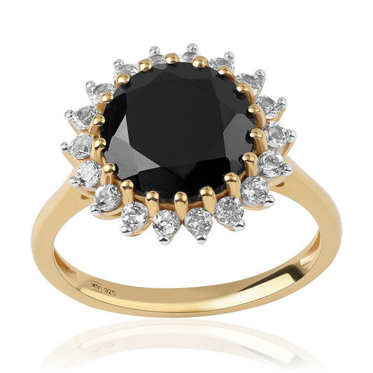 Anillo de Plata Bañada en Oro con Espinela Negra y Topacio Blanco